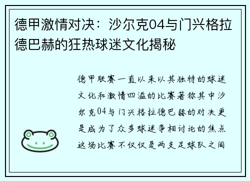 德甲激情对决：沙尔克04与门兴格拉德巴赫的狂热球迷文化揭秘