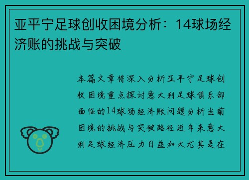 亚平宁足球创收困境分析：14球场经济账的挑战与突破
